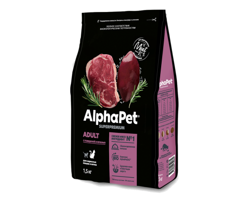 Корм сухой для взрослых  кошек и котов ALPHAPET Superpremium ADULT с говядиной и печенью, полнорационный, Россия, 1,5кг