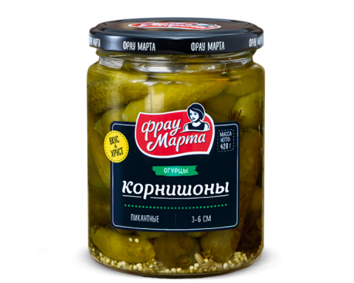 Огурцы корнишоны ФРАУ МАРТА пикантные,маринованные, Россия, 350г