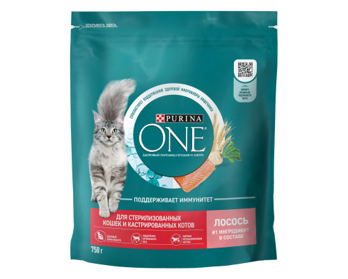 Корм сухой для стерилизованных кошек и кастрированных котов PURINA ONE с высоким содержанием лосося, полнорационный, Россия, 750г