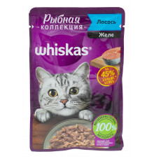 Корм консервированный для взрослых кошек WHISKAS Рыбная коллекция Желе Лосось,полнорационный, Россия, 75г
