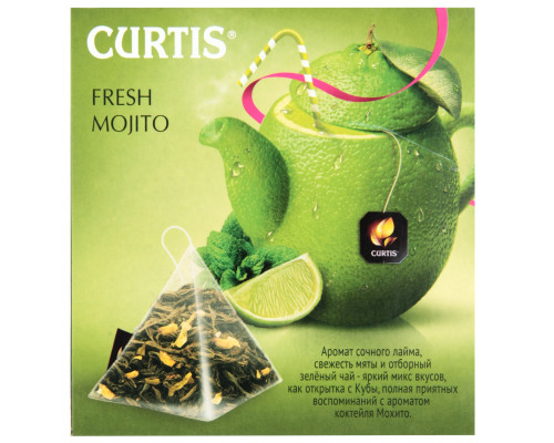 Чай CURTIS fresh mojito разовый, зелёный, листовой с мятой в пирамидках, Россия, 34 г (20*1,7 г) 