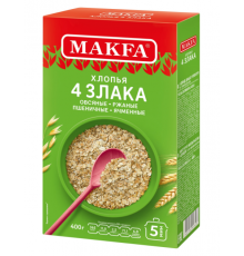 Хлопья MAKFA 4 злака (овсяные, ржаные, пшеничные, ячменные), Россия, 400 г