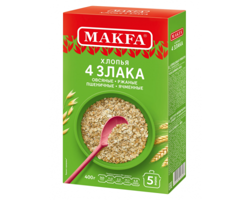 Хлопья MAKFA 4 злака (овсяные, ржаные, пшеничные, ячменные), Россия, 400 г